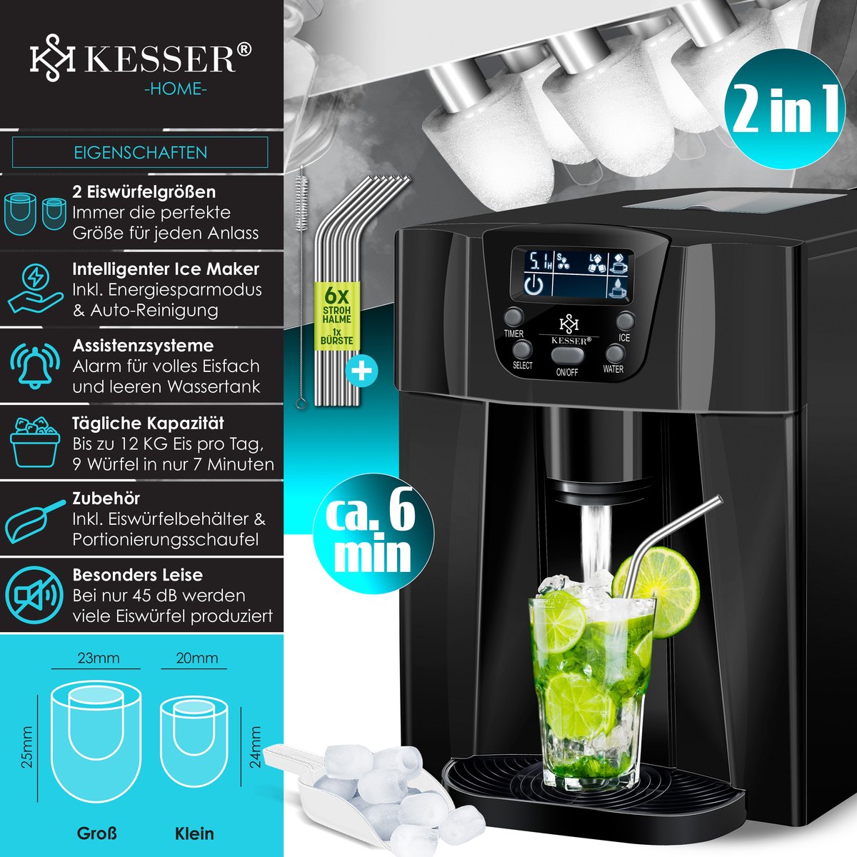 IJsblokjesmachine – 12kg/24 uur – IJsmachine - IJsblokjesmaker - Zwart - KESSER® •