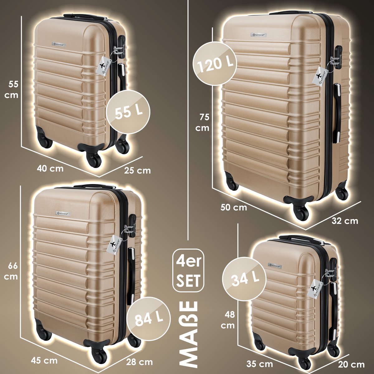 KESSER® Reiskofferset - 4-delig - ABS- Kofferset - Champagne
