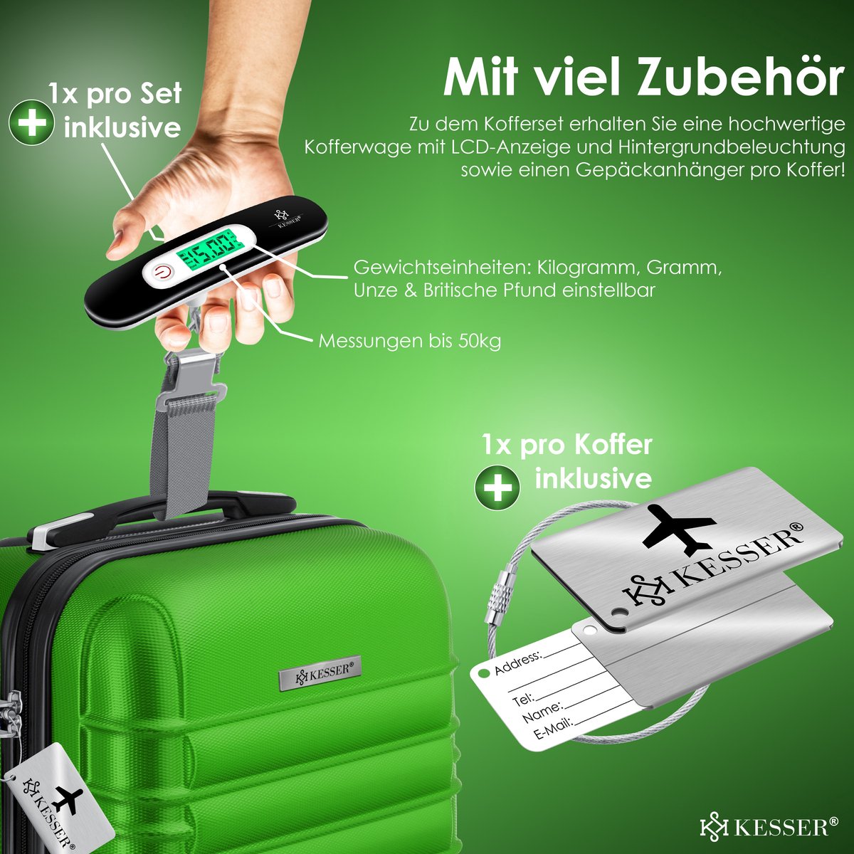 Kofferset - 3 delig - Trolley - Reiskofferset - Groen - KESSER® •
