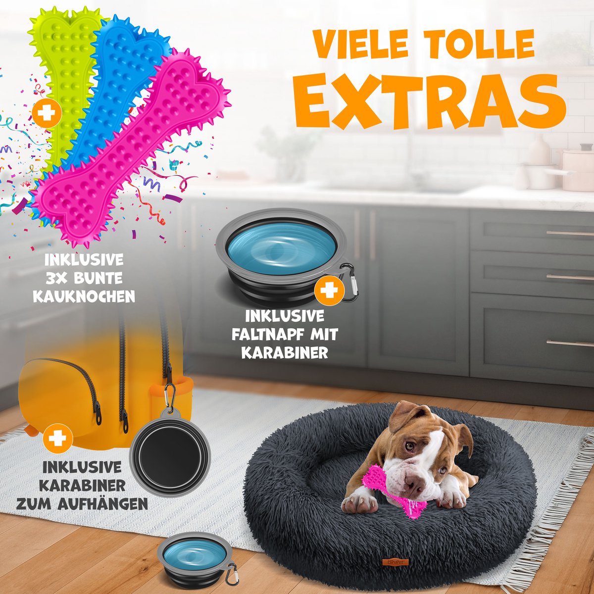 LOVPET® Hondenbed / Hondenmand / Hondenkussen Kattenbed Bagel, Afwasbaar, Incl. Kom + 3x Kauwbotjes, Hondenbank Pluche Kussen Rond Pluche Voor Kleine, Middelgrote & Grote Honden, Katten - 4XL (120 x 120 cm), Antraciet