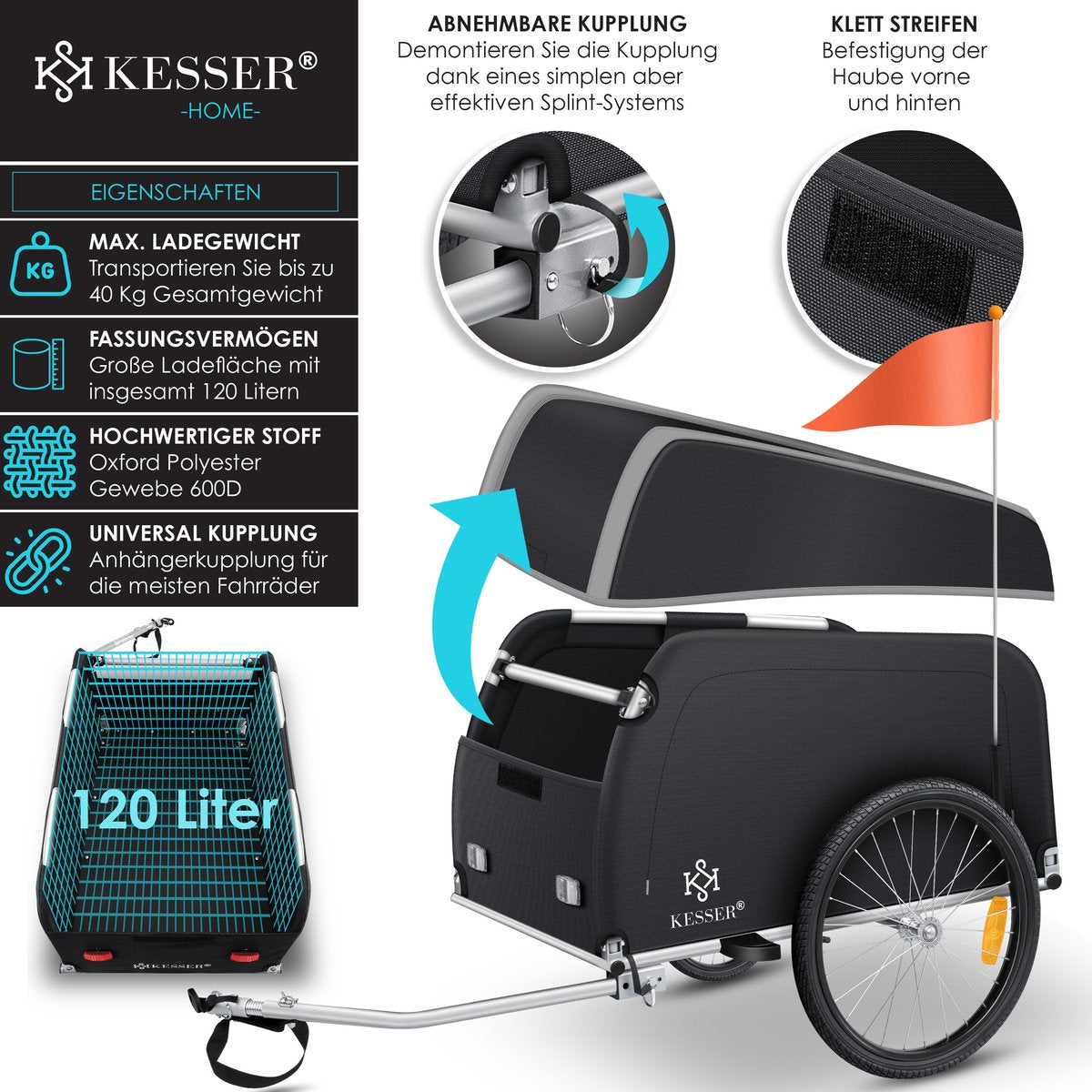 KESSER® Fietskar - Fietsaanhanger - Lichtgrijs / Antraciet