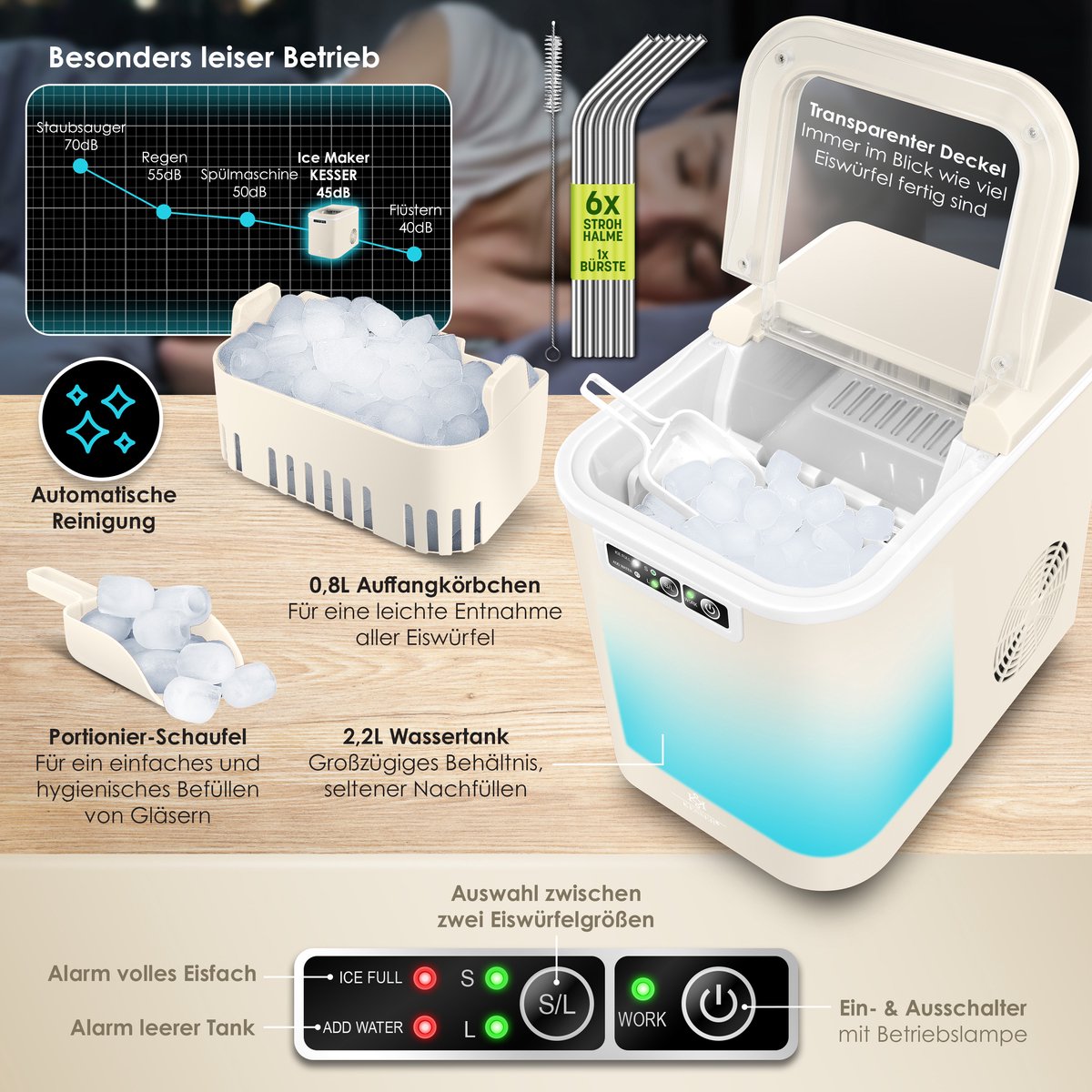 IJsblokjesmachine – 12kg/24 uur – IJsmachine - IJsblokjesmaker - Crème - KESSER®