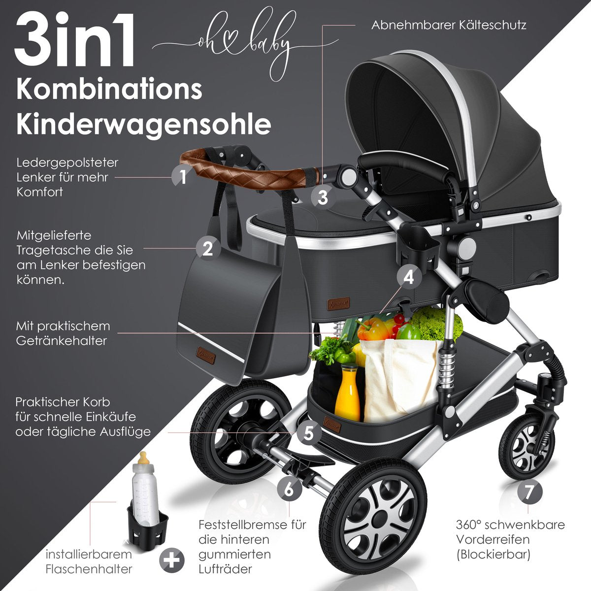 Kinderwagen 3 in 1 - Buggy - Wandelwagen - Kinderbuggy - Grijs - KESSER®