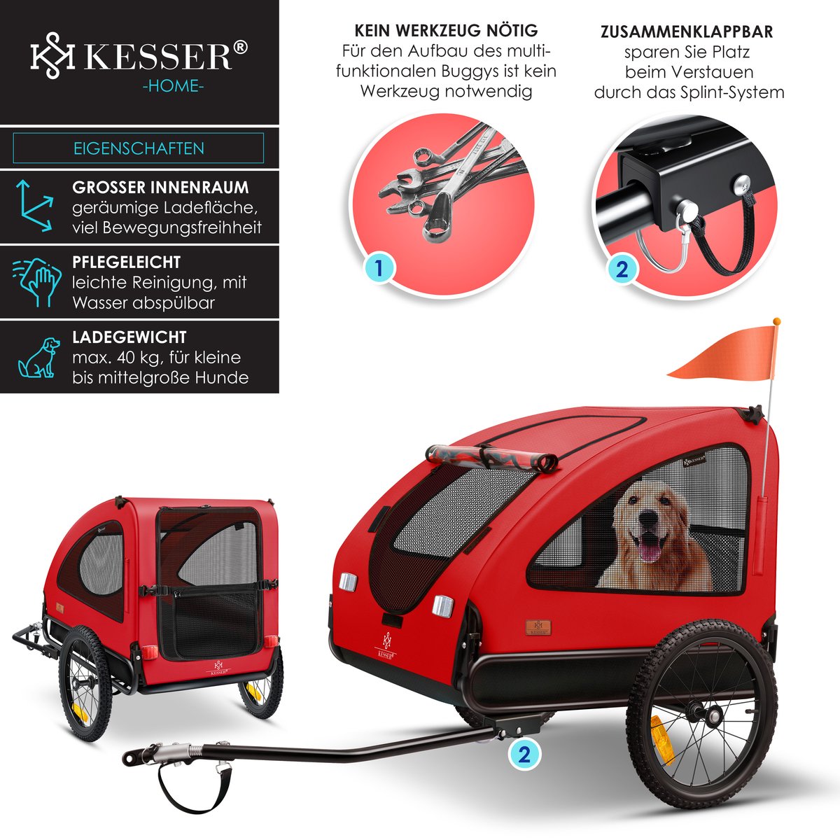 KESSER® Hondenfietskar tot 45 kg 3in1 Fietskar Hond - Rood
