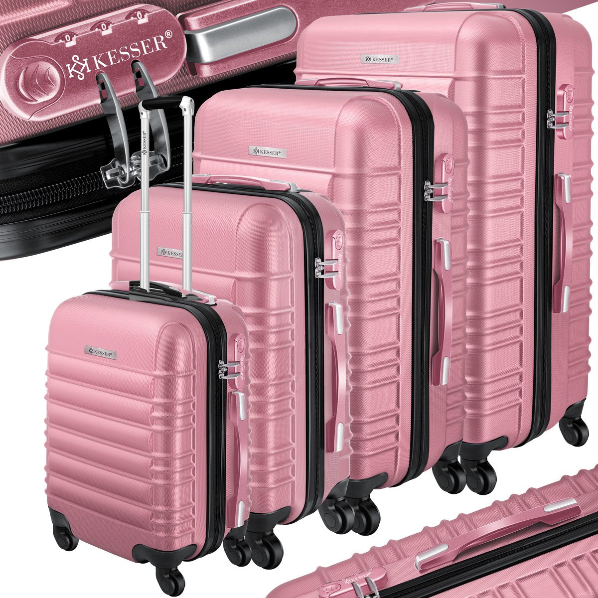 KESSER® 4x Koffer, reiskofferset, trolley koffer, incl. bagageweegschaal + bagagelabel rollend kofferslot, 4 wielen ABS, harde schaal telescoopgreep S-M-L-XL - Roze