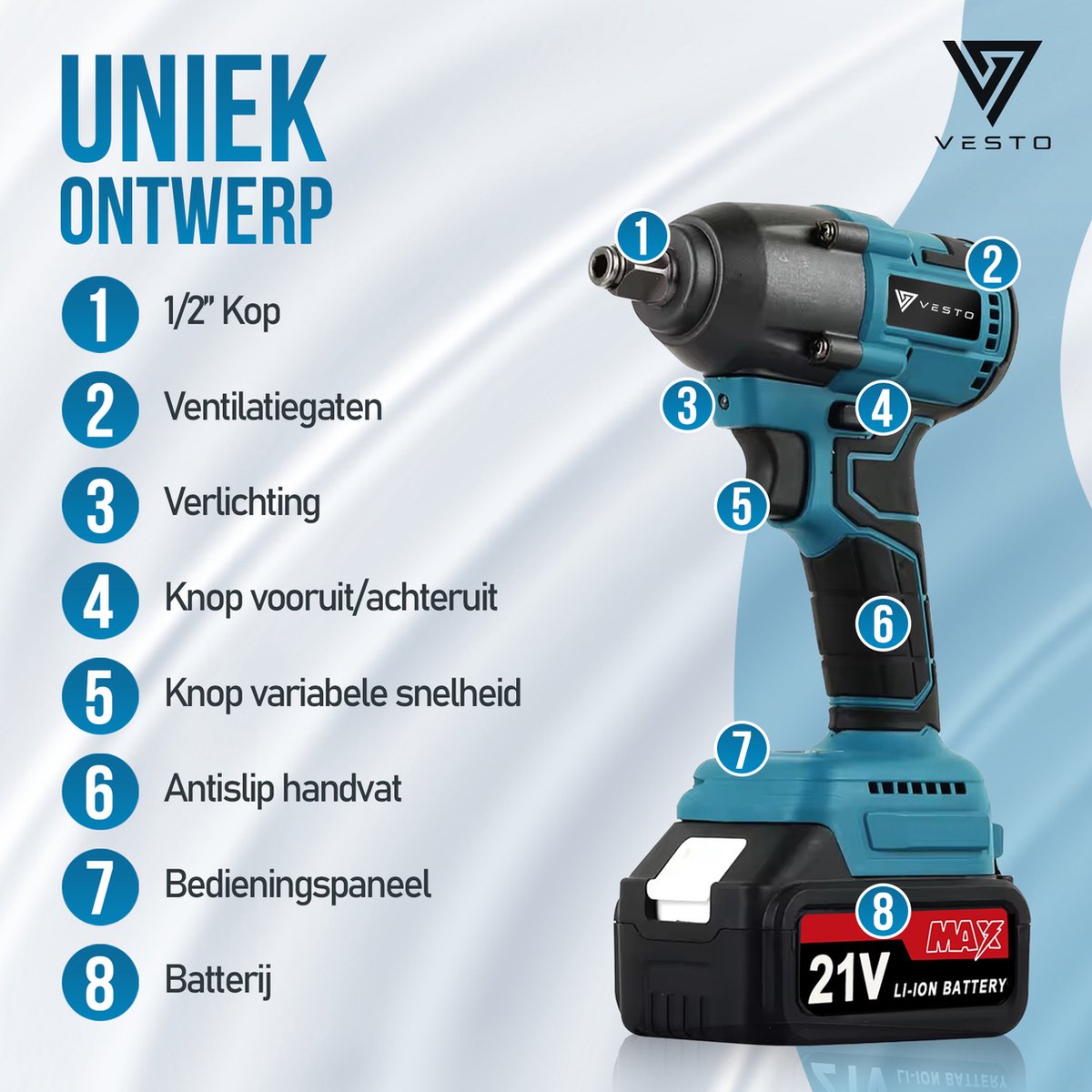 Vesto® Accu Slagmoersleutel 21V - incl. 6x Moerdoppen, Bitadapter, Borging en 2x Accu - 600Nm - Slagmoersleutelset - Slagmoersleutel met accu - Elektrisch - Slagschroevendraaier - Wieldoppen