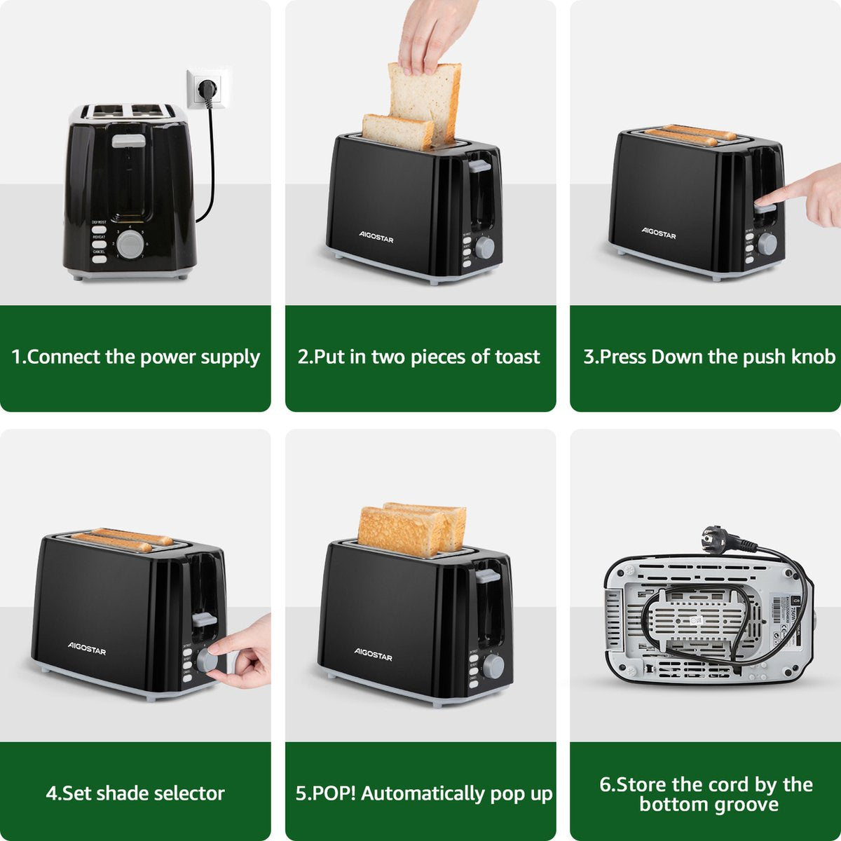 Aigostar Broodrooster - Toaster - 2 Sneetjes - 750W - Zwart •