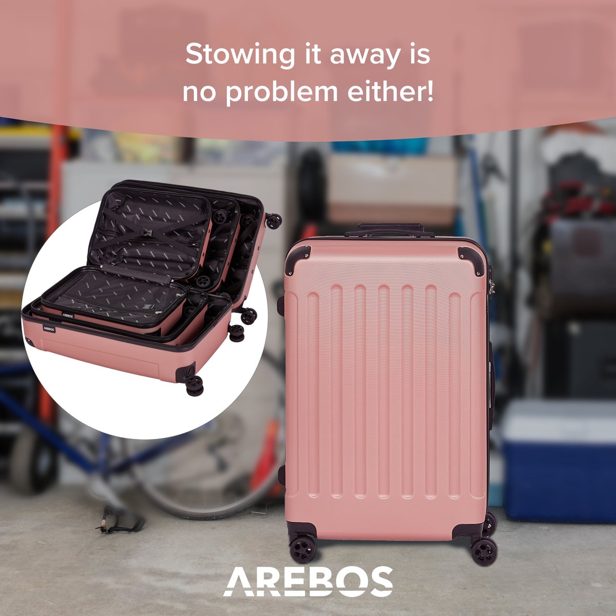 AREBOS Kofferset - Kofferset 3 delig - Reiskoffer set - 360° zwenkbare wielen - M-L-XL - Rosé Goud
