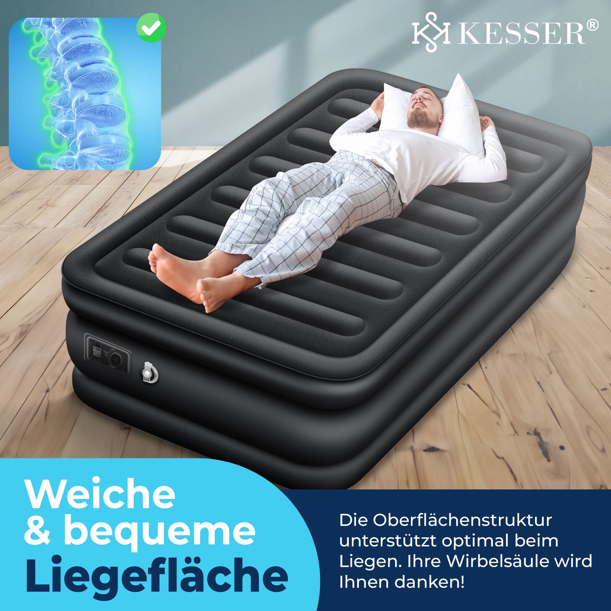 Luchtbed - 1 Persoons - Luchtmatras met pomp - Opblaasbed - Zwart - KESSER® •