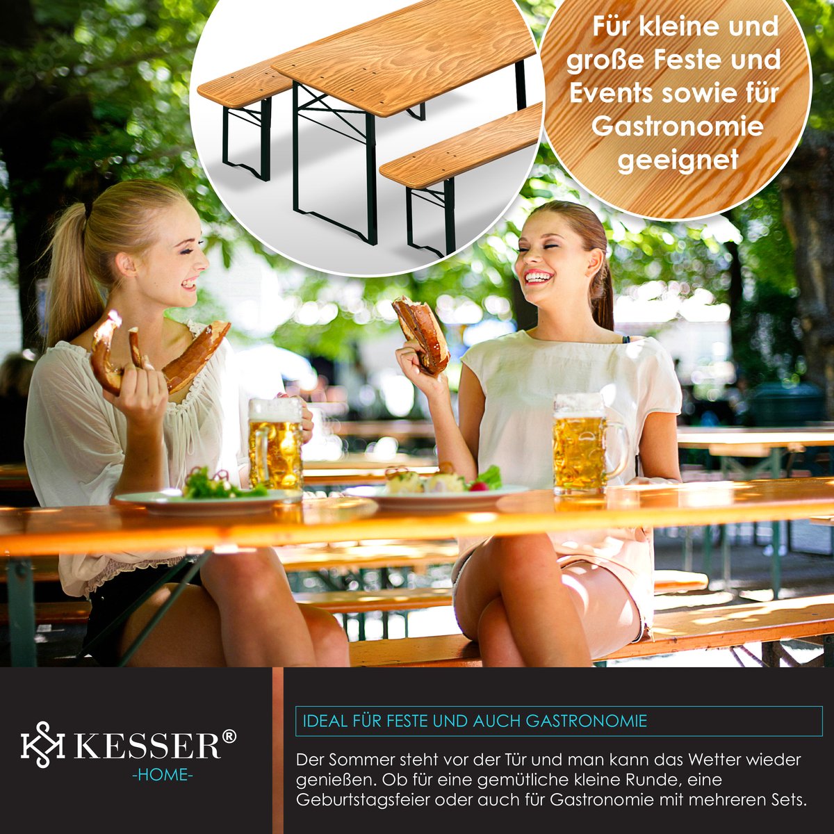 KESSER® 1x Biertafel met 2x banken opvouwbaar - biertafelset (220 x 50 x 77cm) 2x bierbanken 1x biertafel - 3-delige biertentset feesttent set inclusief 12 delige vloerbeschermer set - Bruin