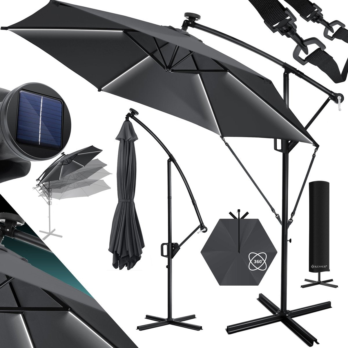 KESSER® Zweefparasol met voet - LED - Ø 3m - 360° Draaibaar  - Antraciet •