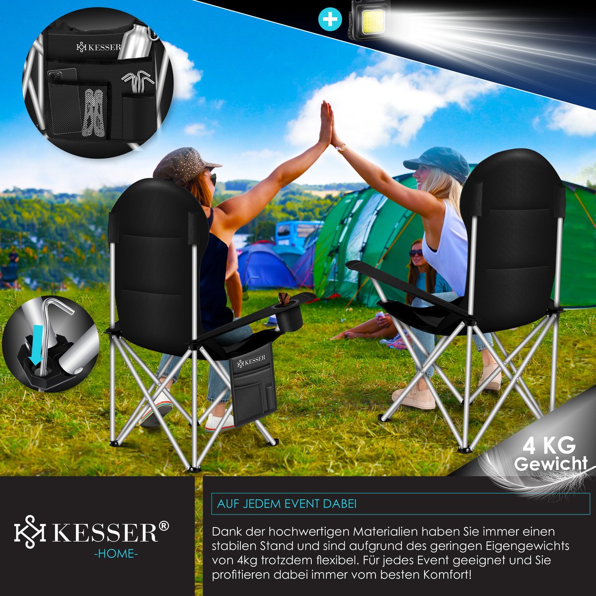 KESSER® Campingstoel - Visstoel - Vouwstoel - Zwart