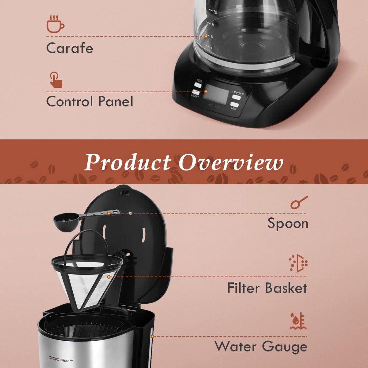 Aigostar Koffiezetapparaat - Koffiemachine - Zwart/RVS •