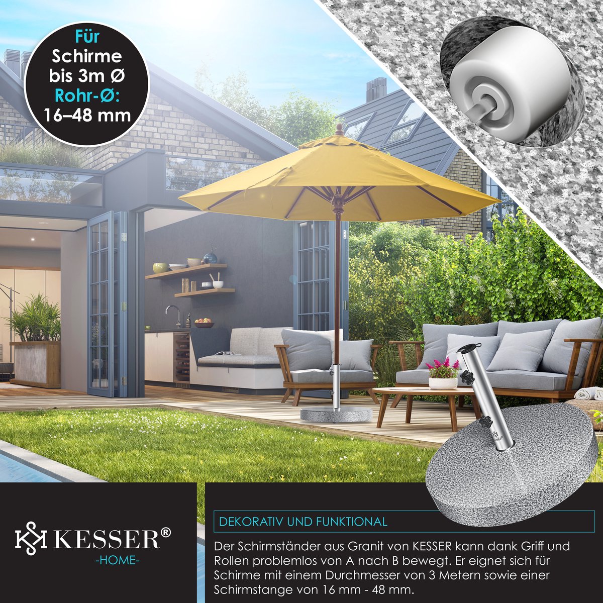 KESSER® Parasolvoet op wielen Graniet 30 kg - Parasol voet tot Ø38mm - Ø48mm verrijdbaar Ø45cm - Grijs