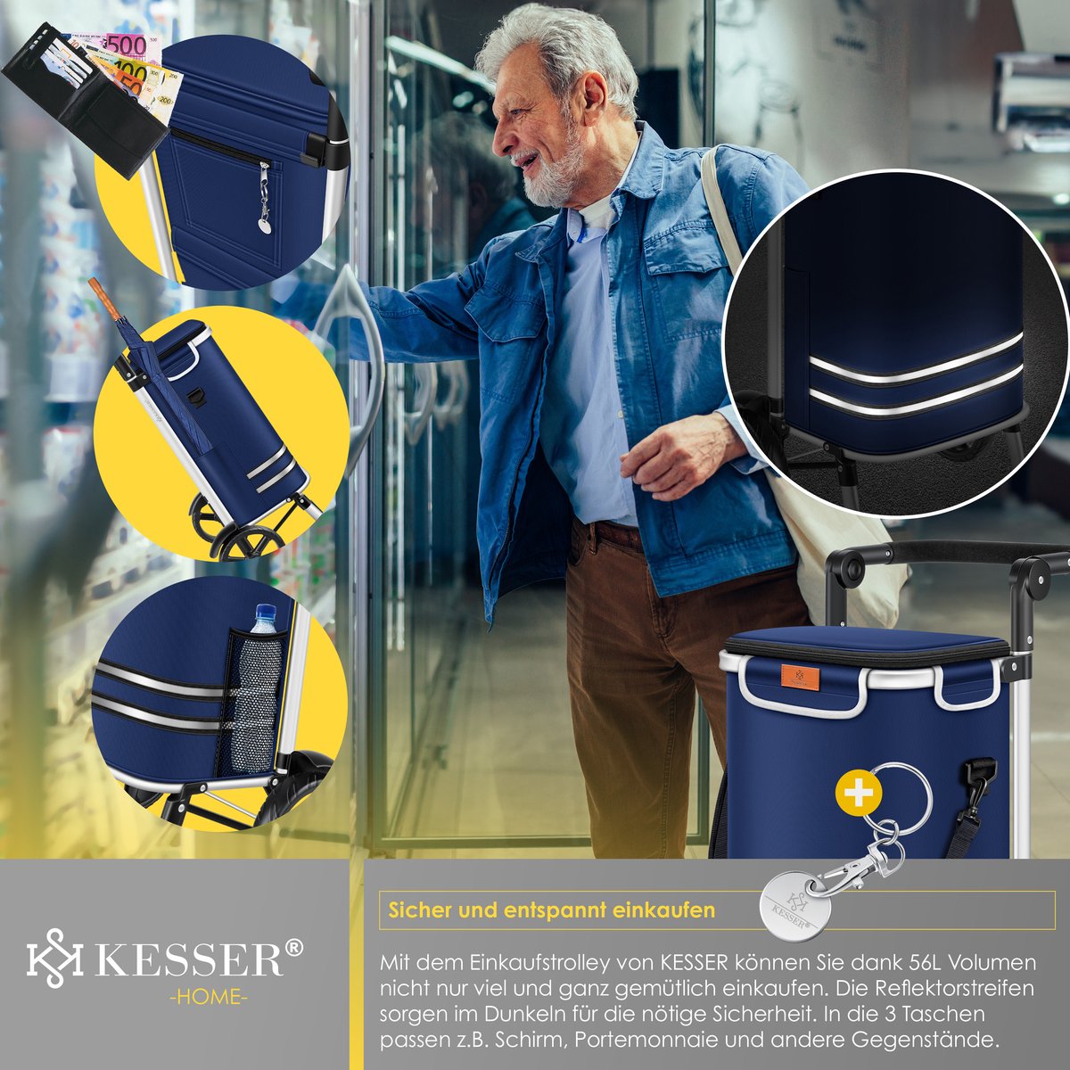 KESSER® Boodschappentrolley - Boodschappenwagen - 56L - tot 50kg  - Marineblauw