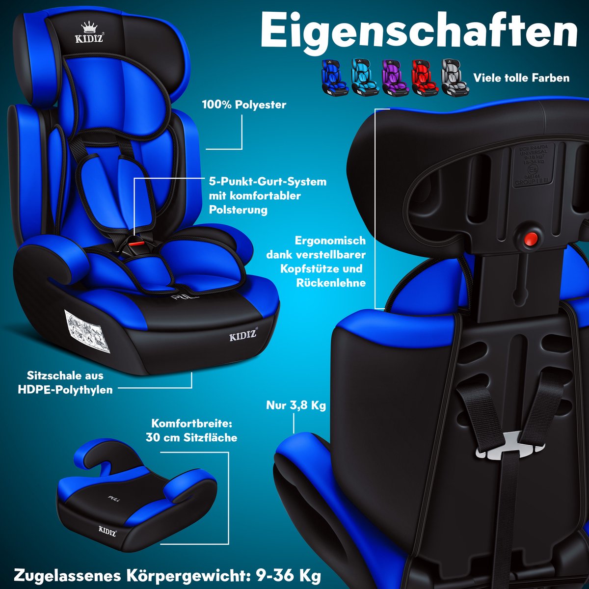 KIDIZ® Autostoeltje - 5-punts veiligheidsgordel - Blauw