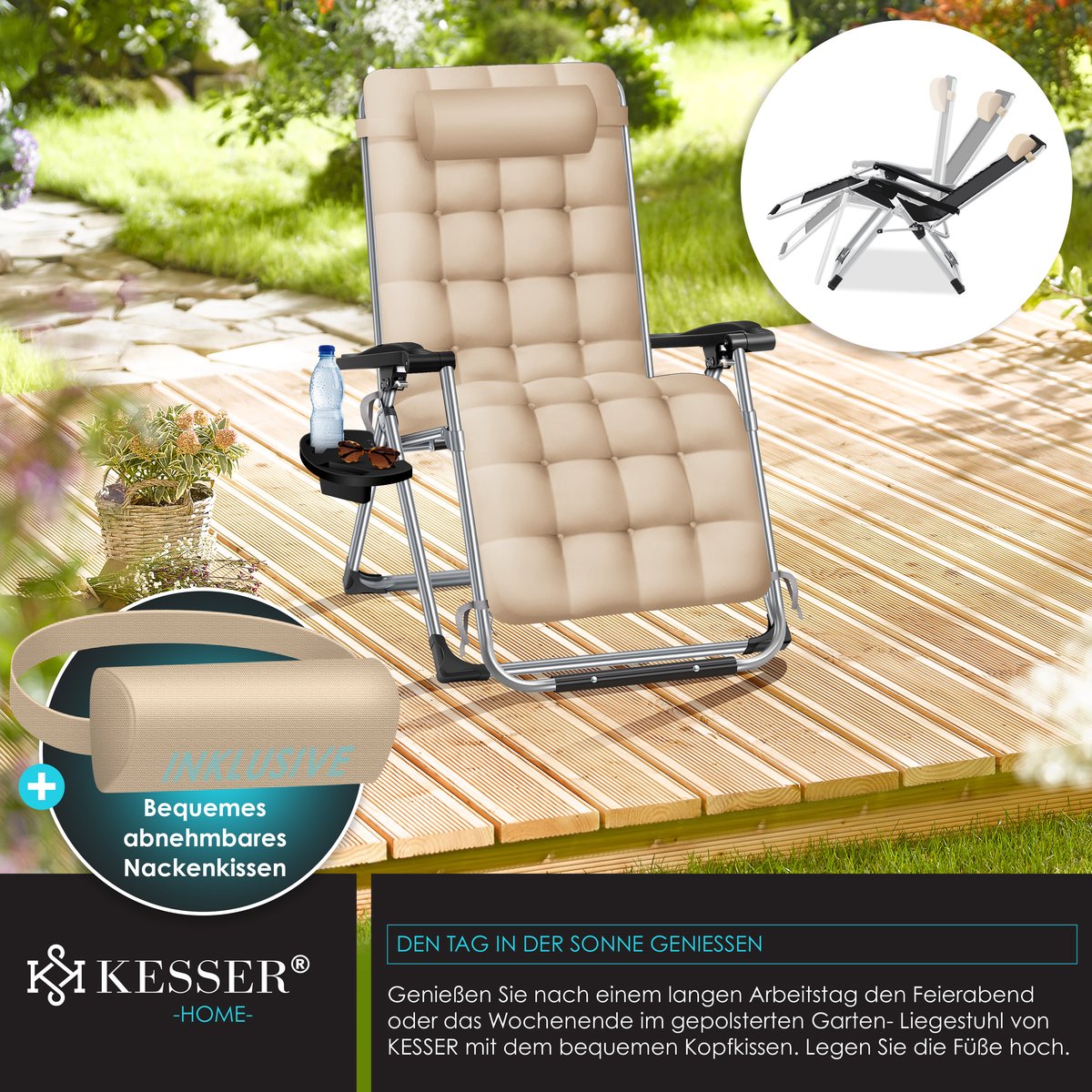 KESSER® Ligstoel Opvouwbaar Met Drinkhouder Tuinstoel Met Kussen, Ligbed, Extra Grote Tuinligstoel, Verstelbare Rugleuning Tuinligstoel Met Kussensteun - Beige