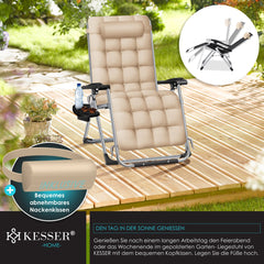 KESSER® Ligstoel Opvouwbaar Met Drinkhouder Tuinstoel Met Kussen, Ligbed, Extra Grote Tuinligstoel, Verstelbare Rugleuning Tuinligstoel Met Kussensteun - Beige