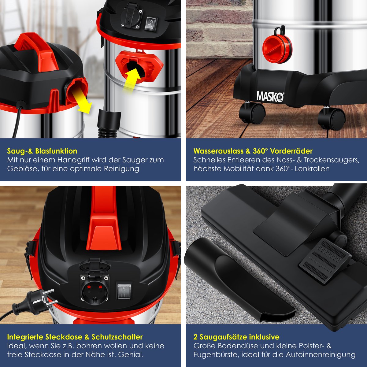 MASKO® Alleszuiger Nat- en Droogzuiger 1800W + stopcontact, Blaasfunctie, Droog- & natzuigen | Industriële stofzuiger vuilreservoir 30L Bouwstofzuiger - Rood