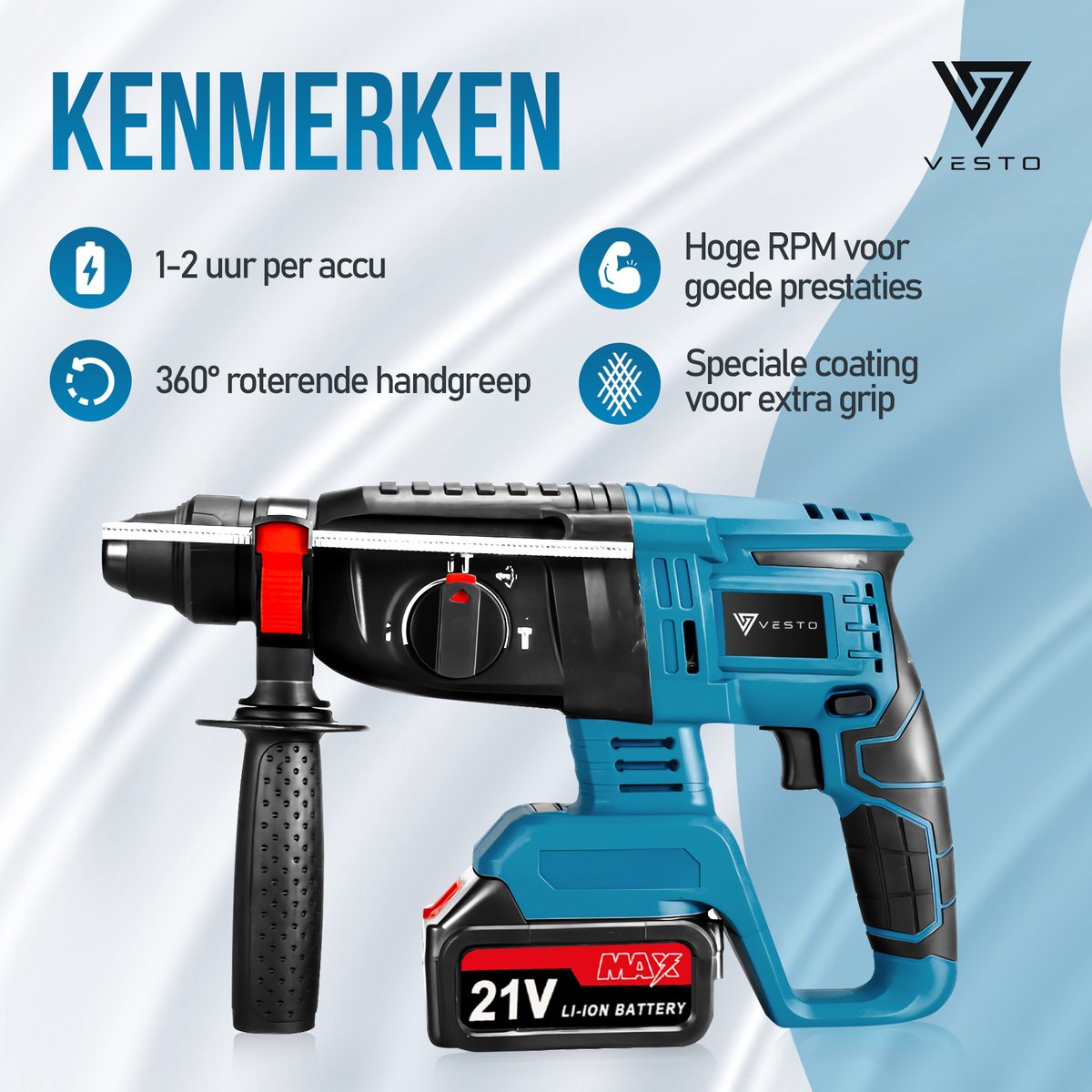 Vesto® Elektrische Boorhamer - Draadloze Klopboormachine - Hamerboor met Beitelfunctie - Accu Combihamer - Betonboor - Inclusief Borenset, 2x Accu & Oplader