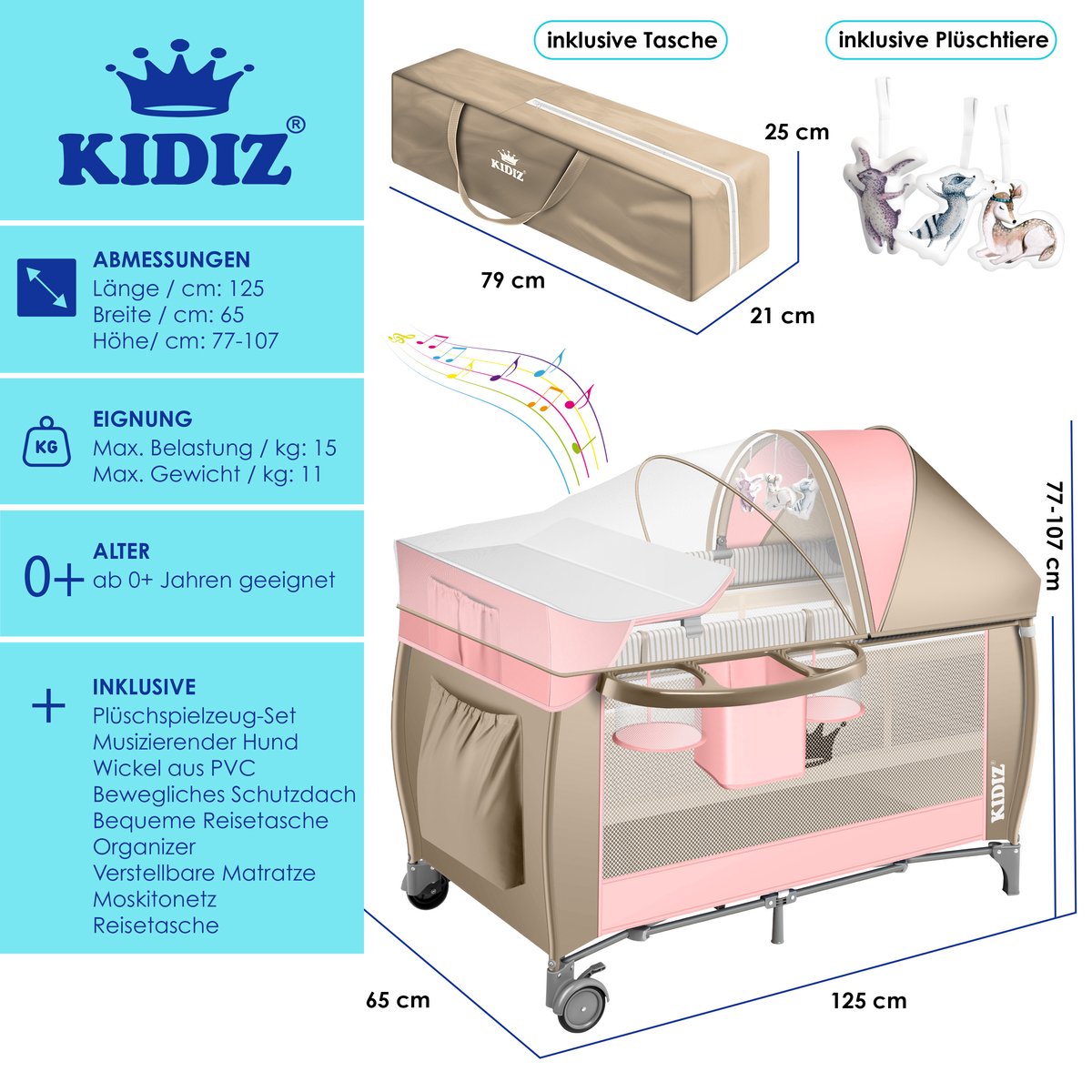 KIDIZ® 3in1 Babybedje - Campingbedje - Ledikant  - Beige/Roze