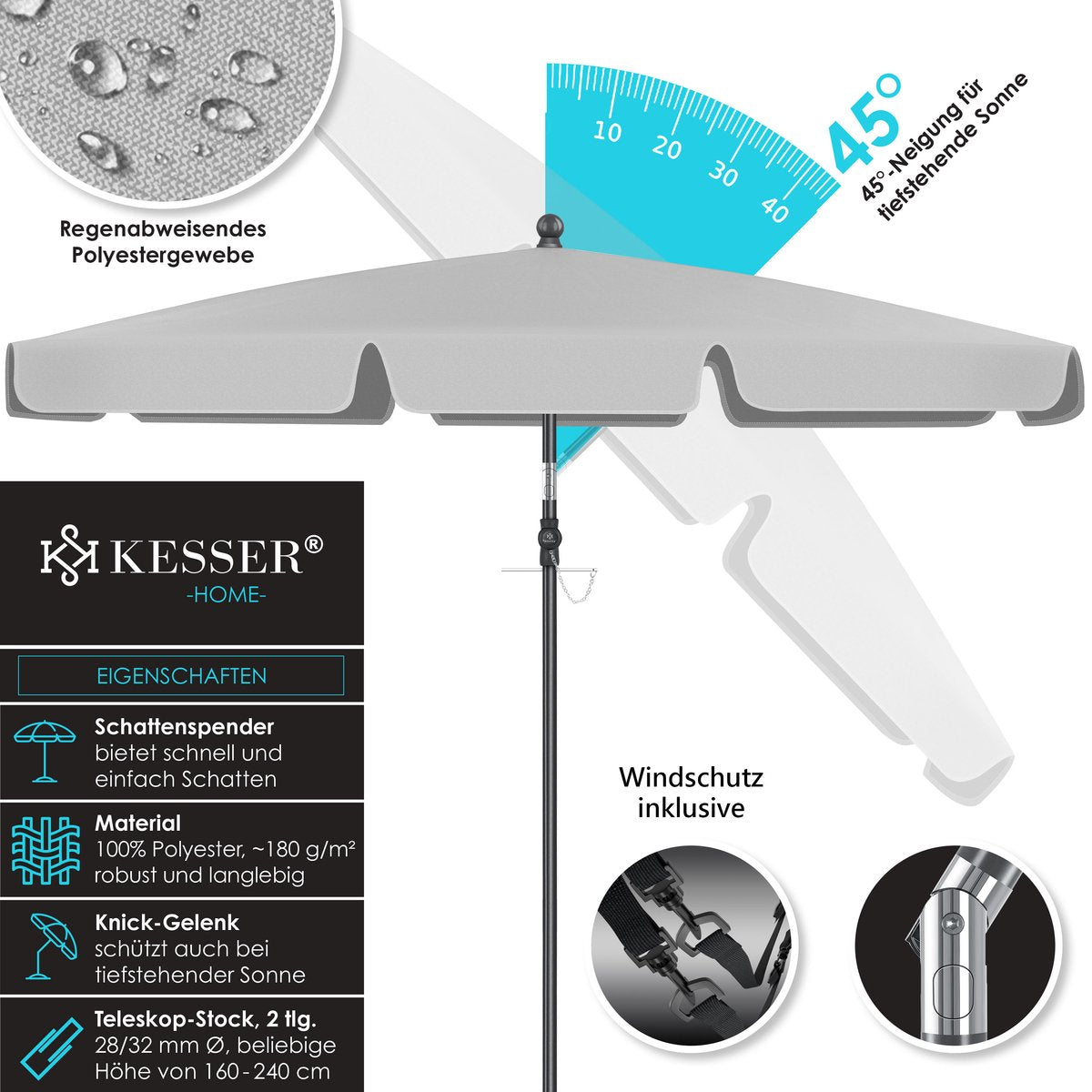 KESSER® Stokparasol Inclusief Beschermhoes & Draagtas 200 × 125cm - Parasol voor Balkon, Tuin & Terras Tuinparasol Strandparasol - Lichtgrijs