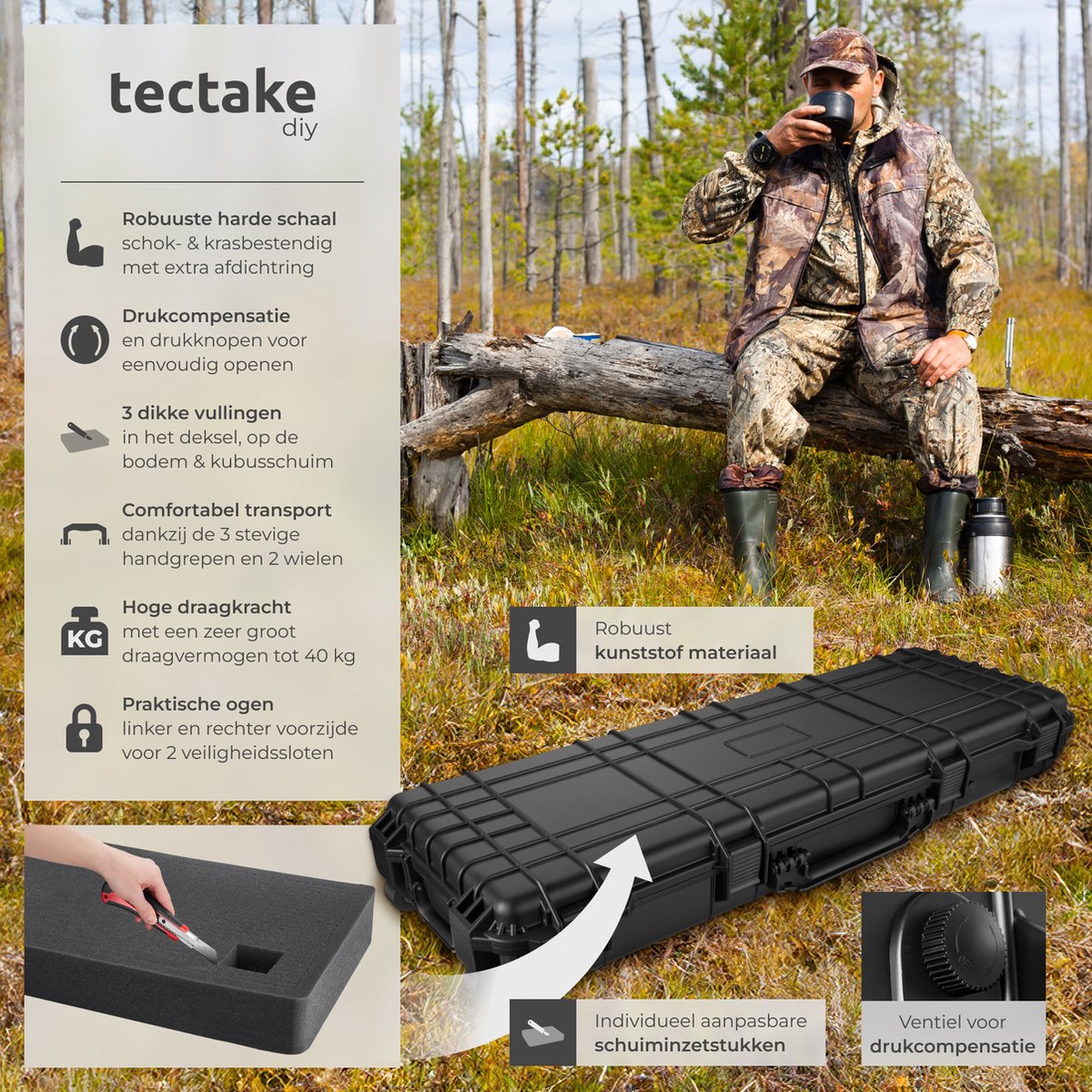 tectake® - Universele box koffer lang - Camerakoffer - Draagbaar (3 handgrepen) - Incl. schuimstof, 2 wielen en knipsluitingen - Harde schaal - 113,5 x 41 x 16 cm - Trolley