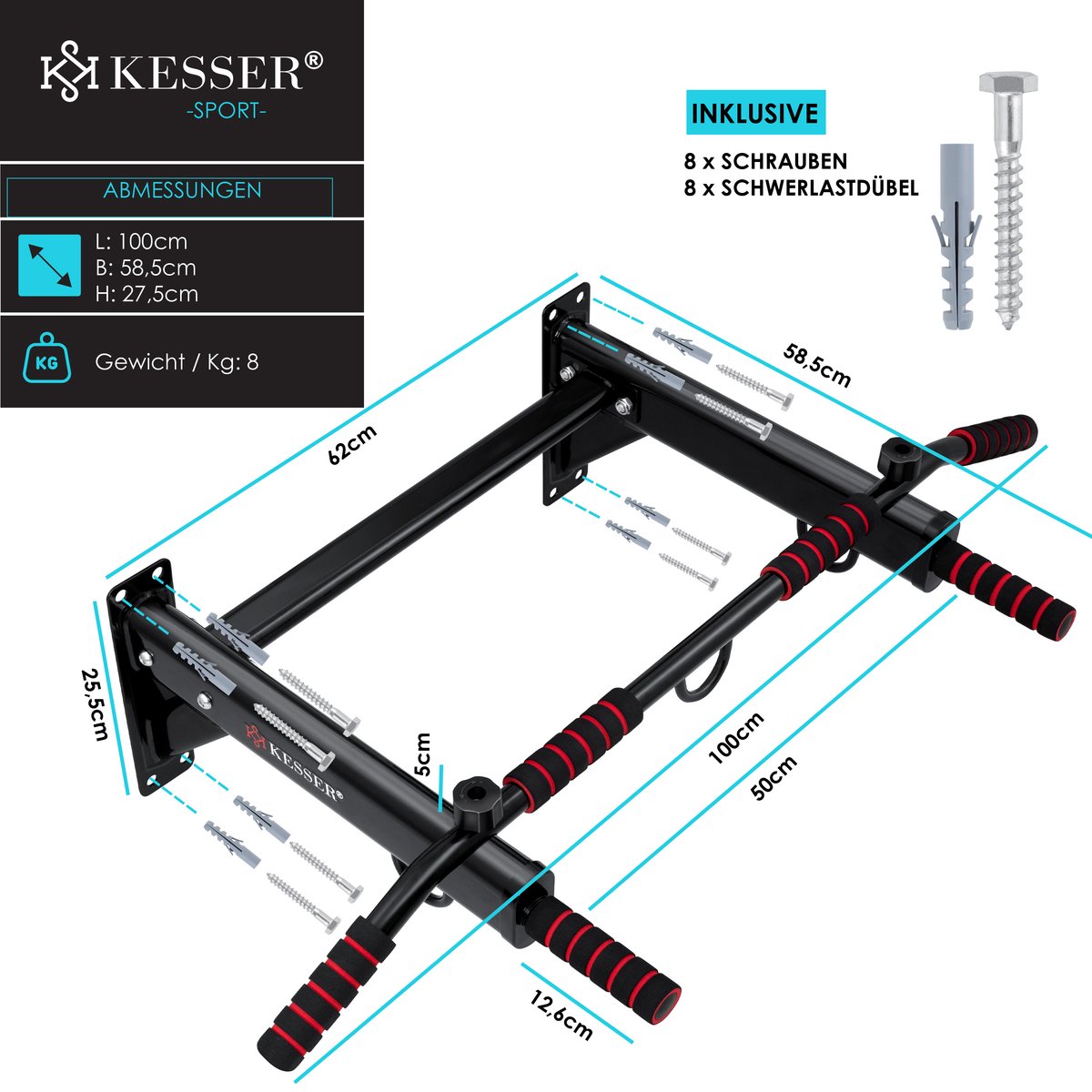 KESSER® Pull up bar - Optrekstang - Wandmontage - Rood
