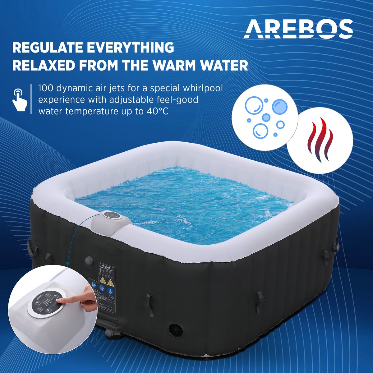 Arebos Opblaasbare Hottub | Binnen- en buitenspabad 2400W | 4 personen | 154x154cm | 100 massagestralen | Met verwarming | 600 liter | Inclusief afdekking | Bubble Spa & Wellness Massage | Antraciet
