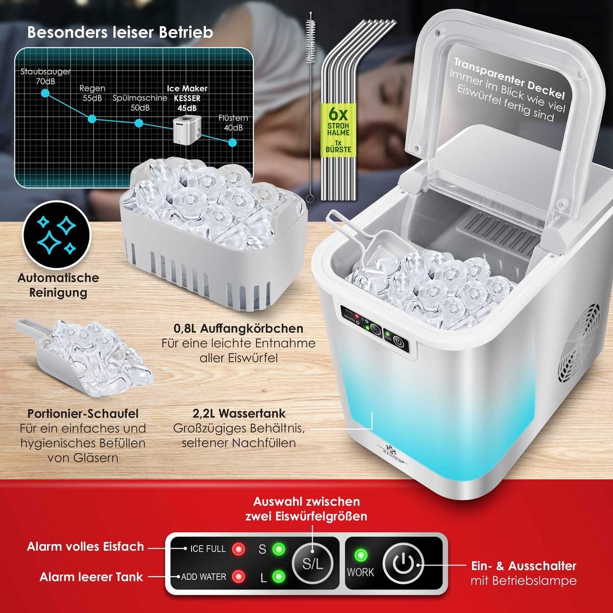KESSER® Ijsblokjesmaker - Ijsblokjesmachine -12kg/24 uur - RVS - Zilver •