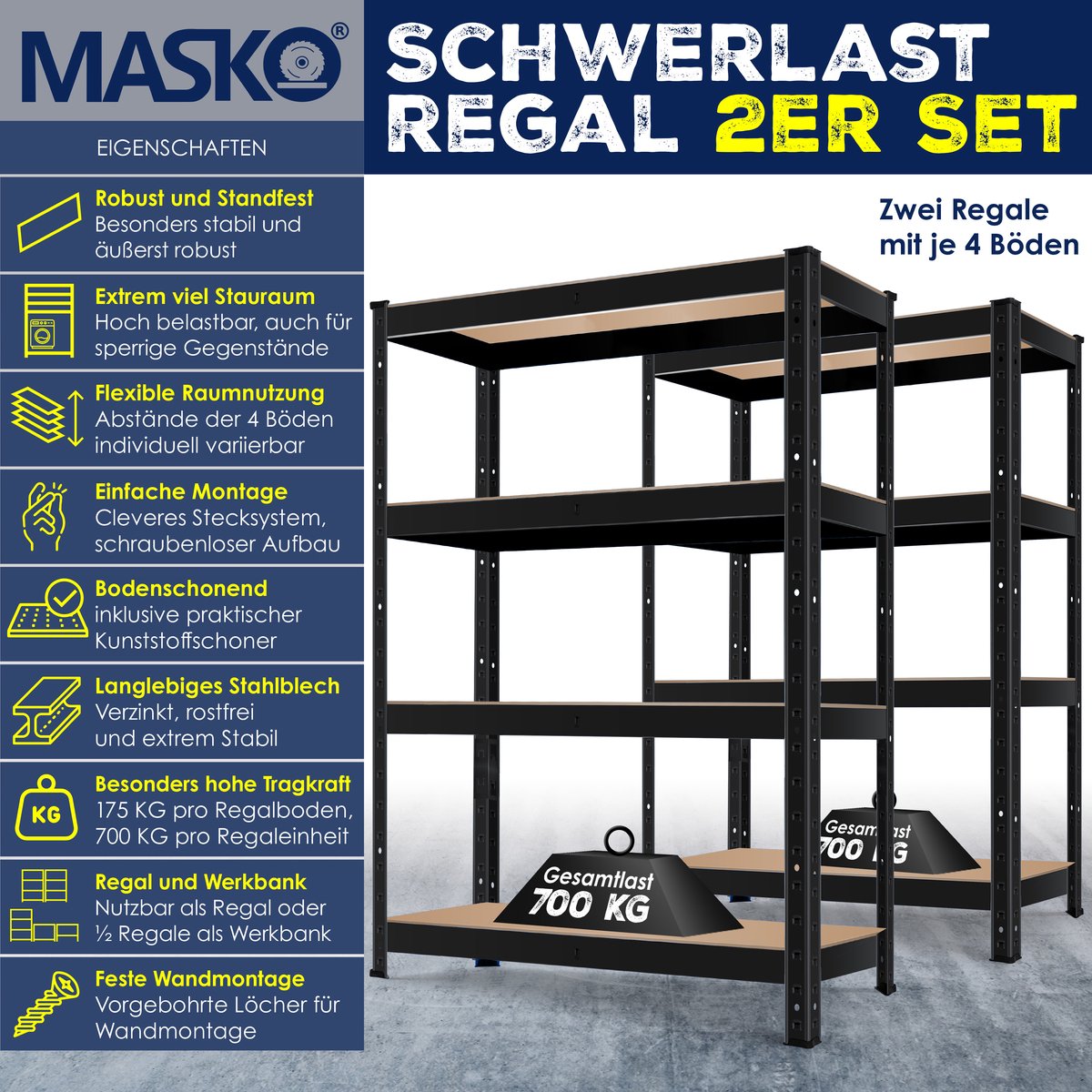 MASKO® Opbergrek - Stellingkasten - Set van 2 - Tot 700kg - Zwart