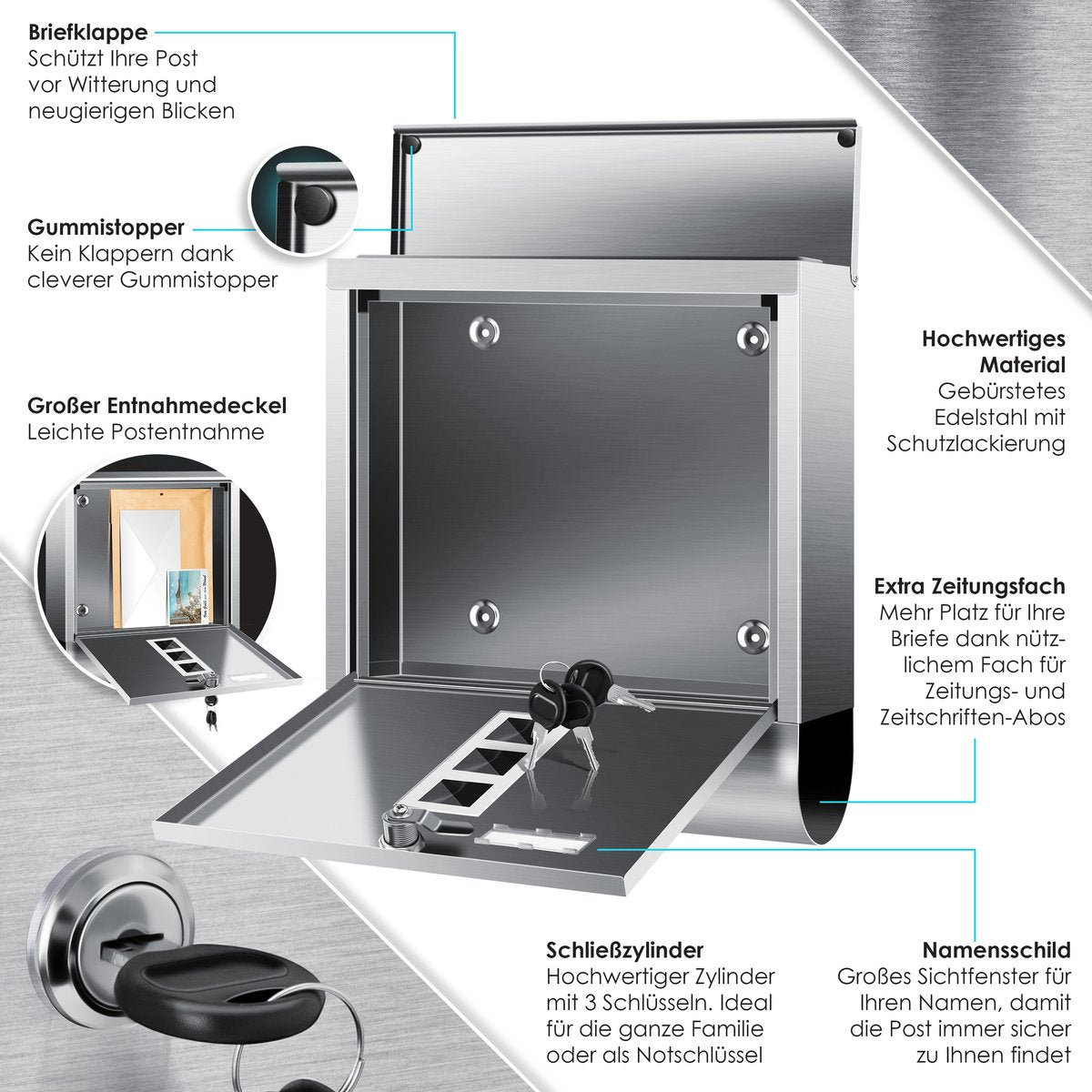 KESSER® RVS Brievenbus  - Wandbrievenbus - Softclose-deksel - Zilver