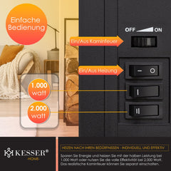 KESSER® Elektrische Haard met Ventilatorkachel 2000W Elektrische Sfeerhaard Verwarming LED Haard effect Vlam Effect Kachel & Afstandsbediening Geluidsarm Verstelbaar - Zwart