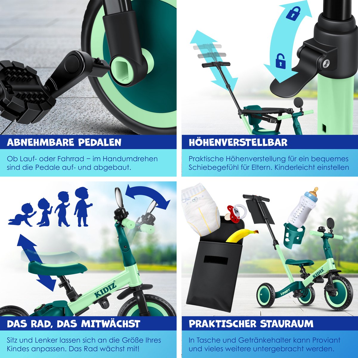 KIDIZ® Loopfiets 6in1 voor Jongens en Meisjes van 1 tot 5 jaar - Driewieler voor Kinderen tot 25 kg Kinderfiets - Groen