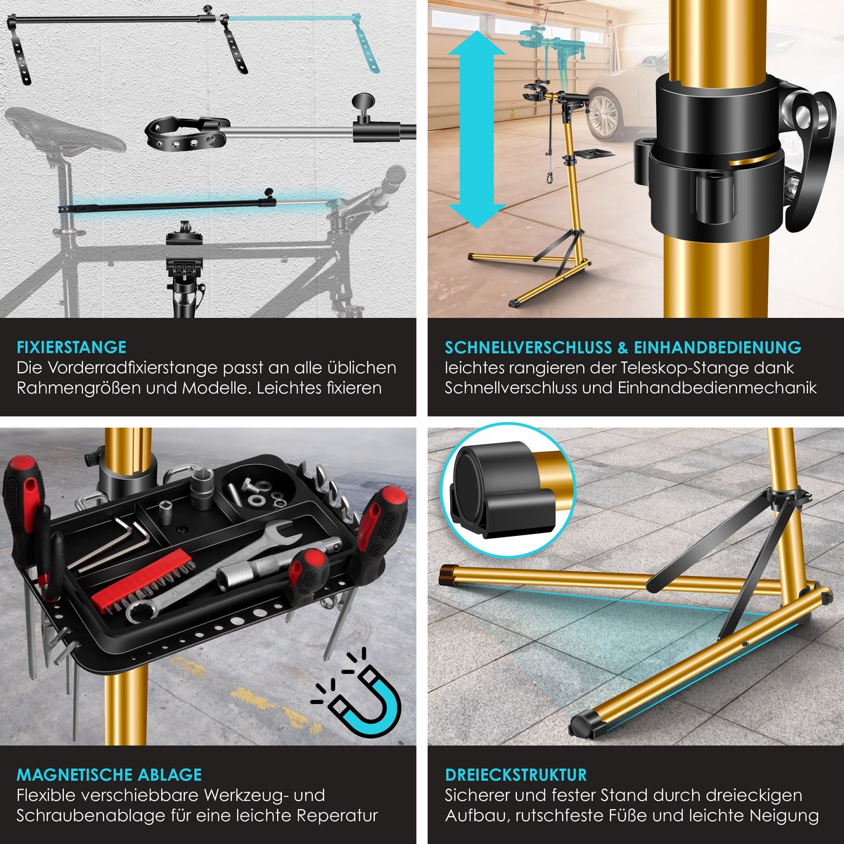 KESSER® Montagestandaard Fiets Reparatiestandaard 360° Draaibaar & Belastbaar tot 25kg | Fietsstandaard Fietslift | Fiets ophangsysteem Montage & reparatie standaard | Fietsstaander Met Draagtas & Fixatiestang - Goud