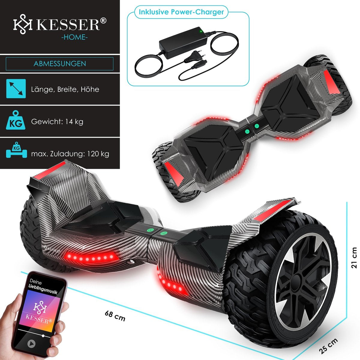 KESSER® Hoverboard - 800 Watt - Bluetooth-luidspreker - LED