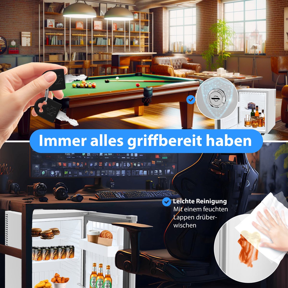KESSER® Koelkast Tafelmodel 40L - Mini Koelkast Vrijstaand stil en afsluitbaar, LED-verlichting incl. 4 legplanken - Zilver