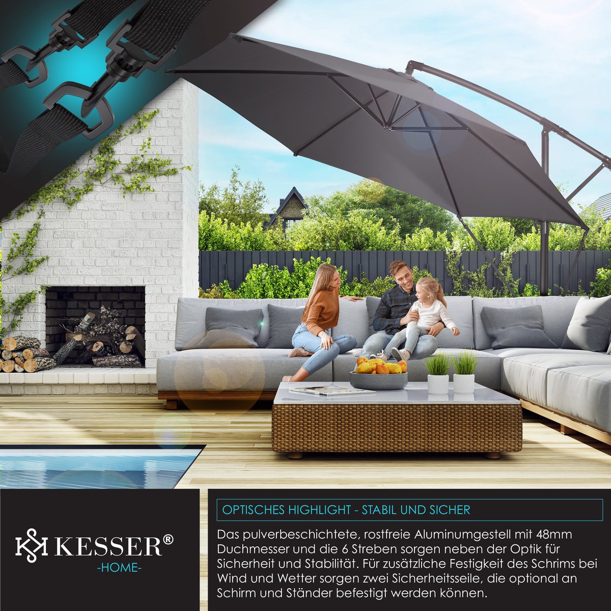 KESSER® Zweefparasol met voet  - Ø3,5m - 360° Draaibaar  - Antraciet