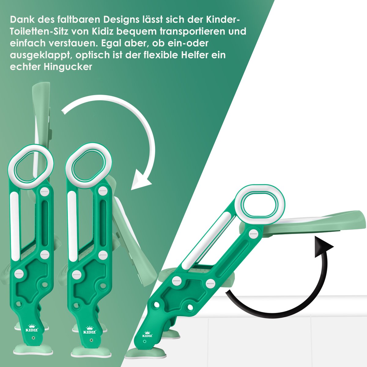 KIDIZ® Toiletbril voor kinderen Kindertoiletbril Toilettrainer met Trap en Handgrepen Opvouwbare Kindertoiletbril Potjestrainer Leren Potje Comfortabel Kussen en Brede Treden Toilettrappen In Hoogte Verstelbaar - Groen