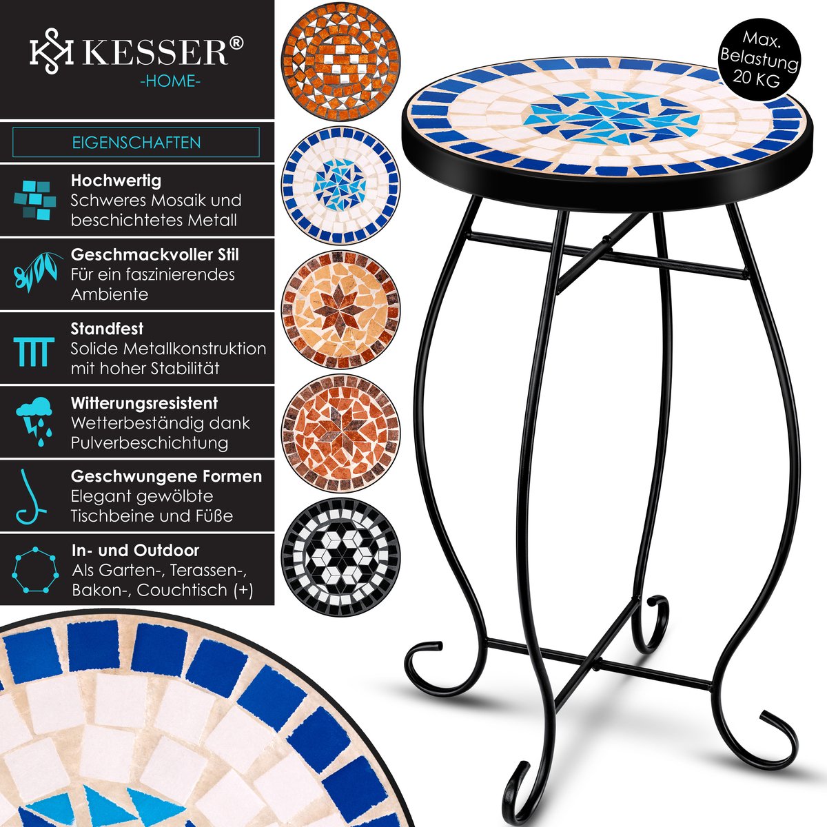 KESSER® Mozaïek Tafel Bistrotafels Bloemkruk Rond 60 x 34 cm Metalen Mozaïek Bijzettafel Balkontafels Patiotafel Balkon Stenen Mozaïek Tuintafel Binnen Buiten - Peripou