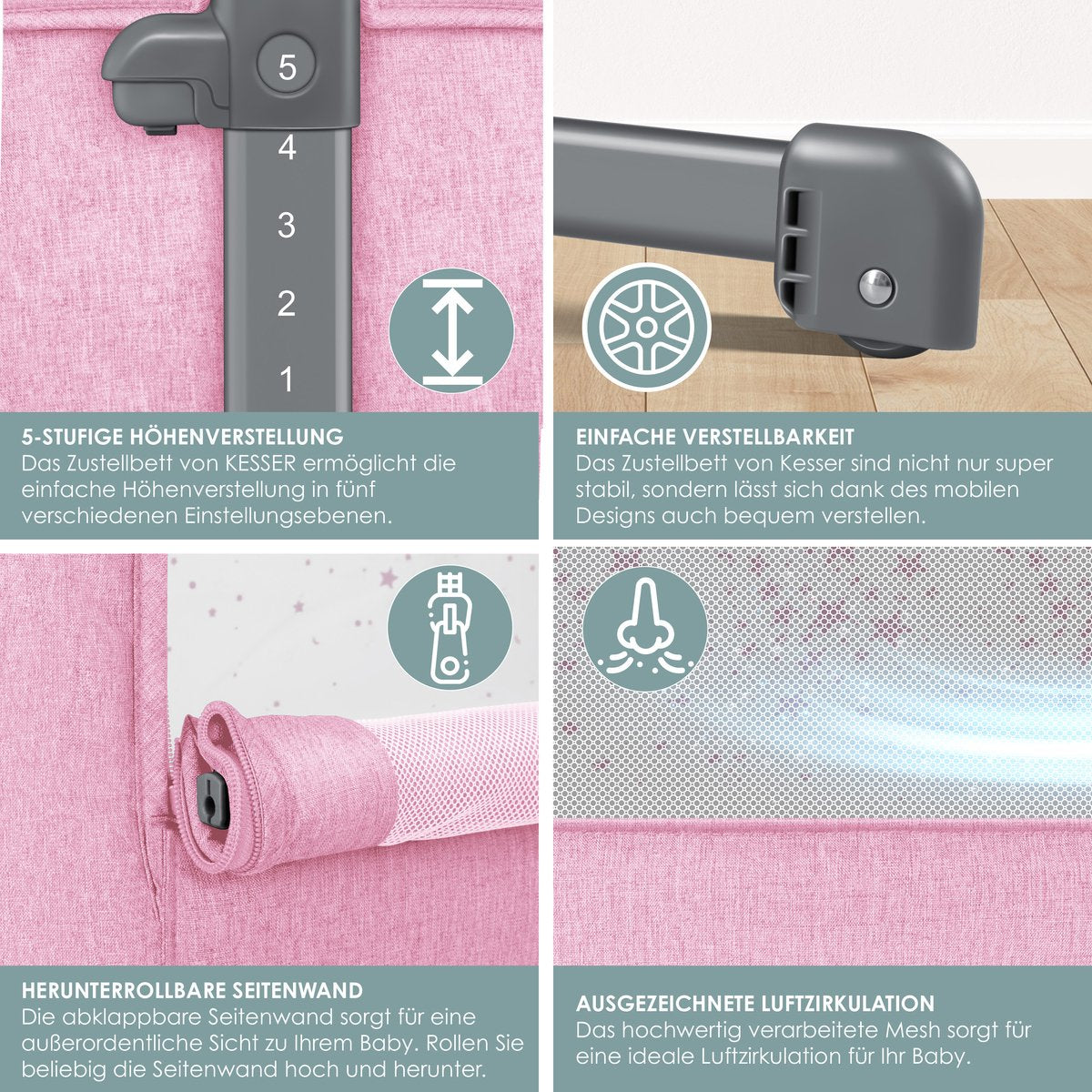 KESSER® Ledikant / Co-Sleeper / Babybed / Co Sleeper Wieg Hubi 3in1 Reisbed Babybed met zachte matras, met wielen, 5-voudig in hoogte verstelbaar, inklapbare zijwand voor thuis en onderweg - Roze