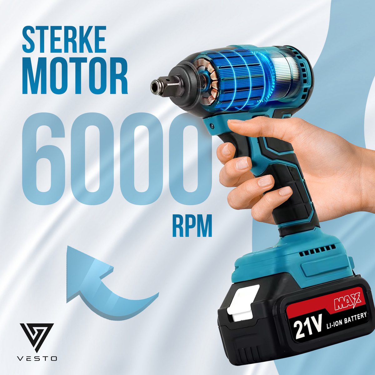 Vesto® Accu Slagmoersleutel 21V - incl. 6x Moerdoppen, Bitadapter, Borging en 2x Accu - 600Nm - Slagmoersleutelset - Slagmoersleutel met accu - Elektrisch - Slagschroevendraaier - Wieldoppen
