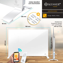 KESSER® Elektrische Kachel 520W Infrarood Verwarmingspaneel Aluminium - Infraroodverwarming Energiebesparing 2-in-1 Staande & Muurmontage Verwarming met Thermostat + open raam detectie + Afstandsbediening & APP-bediening - Wit