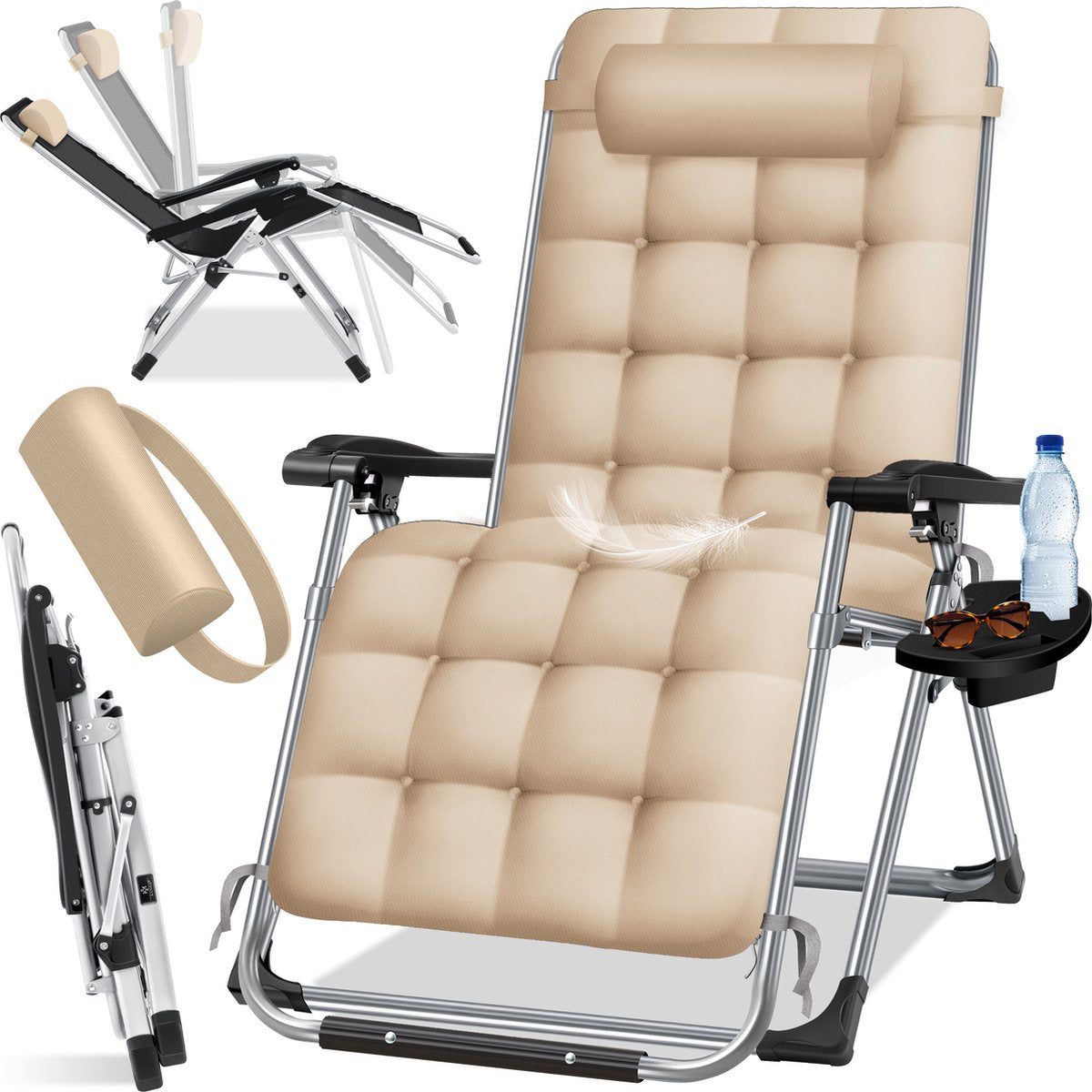 KESSER® Ligstoel Opvouwbaar Met Drinkhouder Tuinstoel Met Kussen, Ligbed, Extra Grote Tuinligstoel, Verstelbare Rugleuning Tuinligstoel Met Kussensteun - Beige