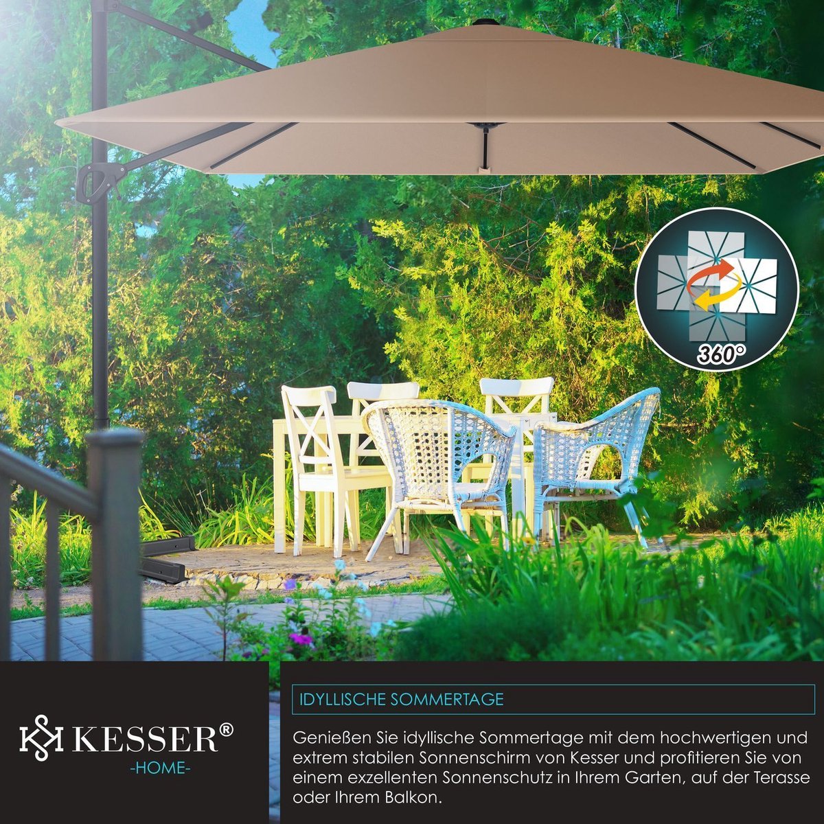 KESSER® Parasol Zwenkparasol SUN XL 300 x 300 cm incl. hoes + windbescherming draaibaar kantelbaar marktparasol groot 360° draaibaar tuinparasol met zwengel zonwering UV50+