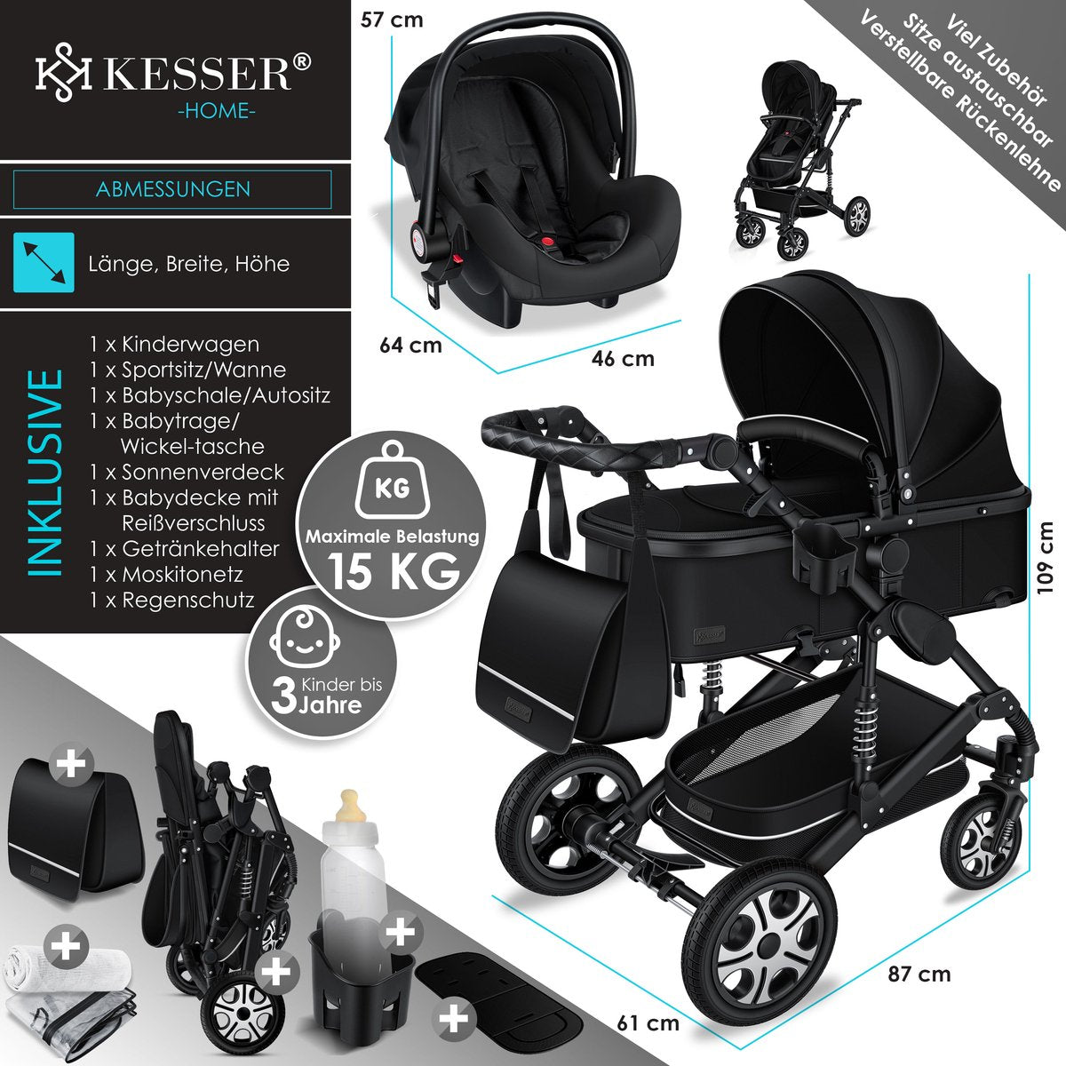 Kinderwagen 3 in 1 - Buggy - Wandelwagen - Kinderbuggy - Zwart - KESSER®