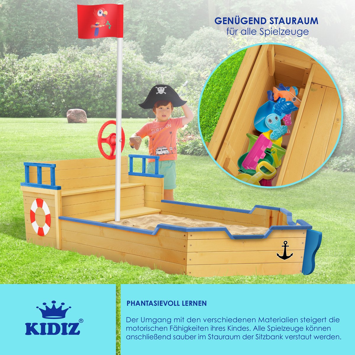 KIDIZ® Zandbak piratendesign - Met bankje - Bruin