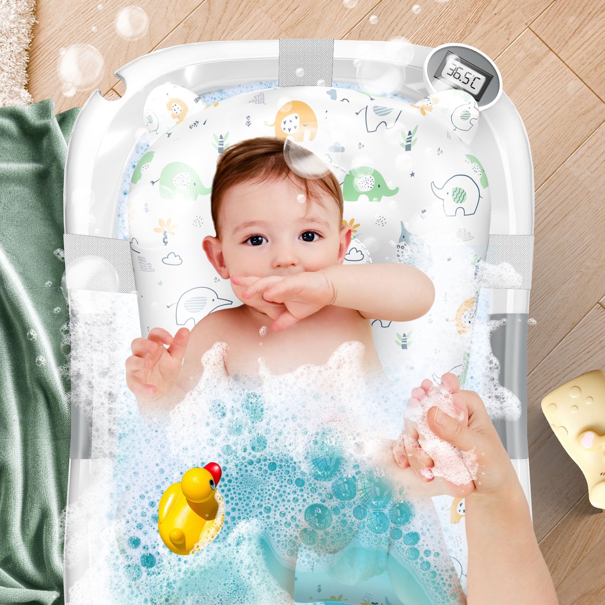 KIDIZ® Babybadje Opvouwbaar met Thermometer - 0-12 Maanden - Lichtgrijs