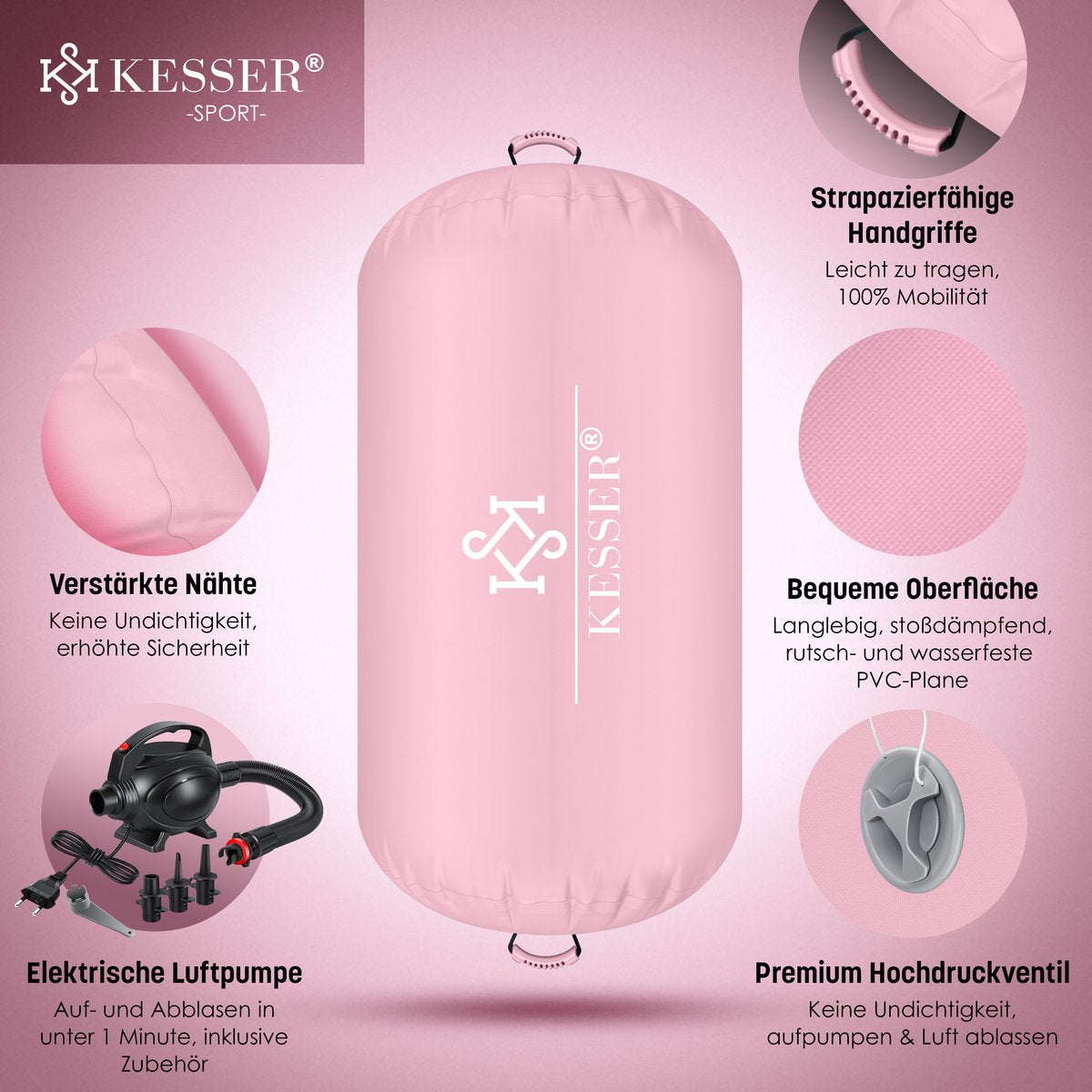 KESSER® Airtrack Turnmat opblaasbaare Gymnastiek Rol - Air Roll voor Gymnastiek & Turnen Fitness Mat Bal Rol met elektrische lucht-pomp Gymnastiekrol - Roze, 120 x 75 cm