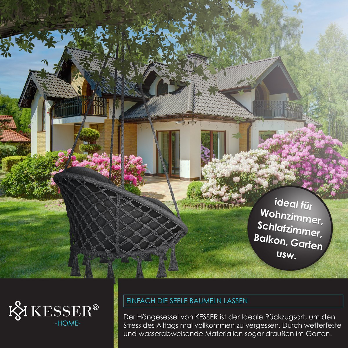 KESSER® Hangstoel - Binnen & Buiten - Tot 150kg - 2 Kussens - Antraciet